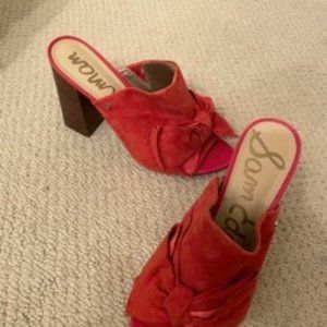 NWT - Sam Edelman Designer Suede Orange Yumi Bow Stacked Block Heel Sandal Mules